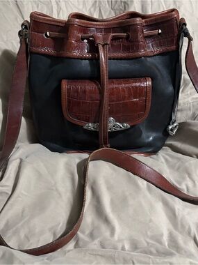 Brighton Black and Brown Leather Drawstring Shoulder Bag with Front Pocket
